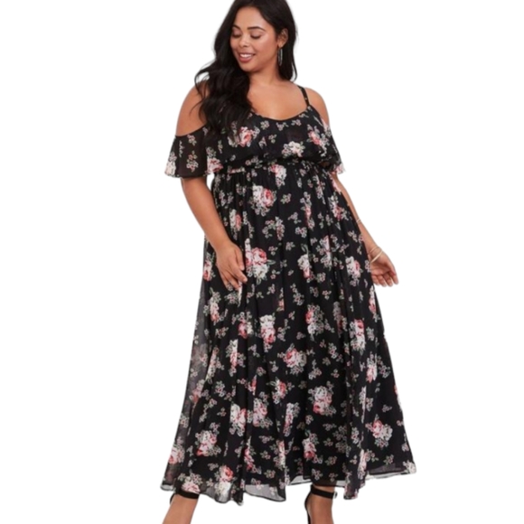 torrid Dresses & Skirts - 38. Torrid EUC 6X black floral chiffon cold shoulder maxi dress
